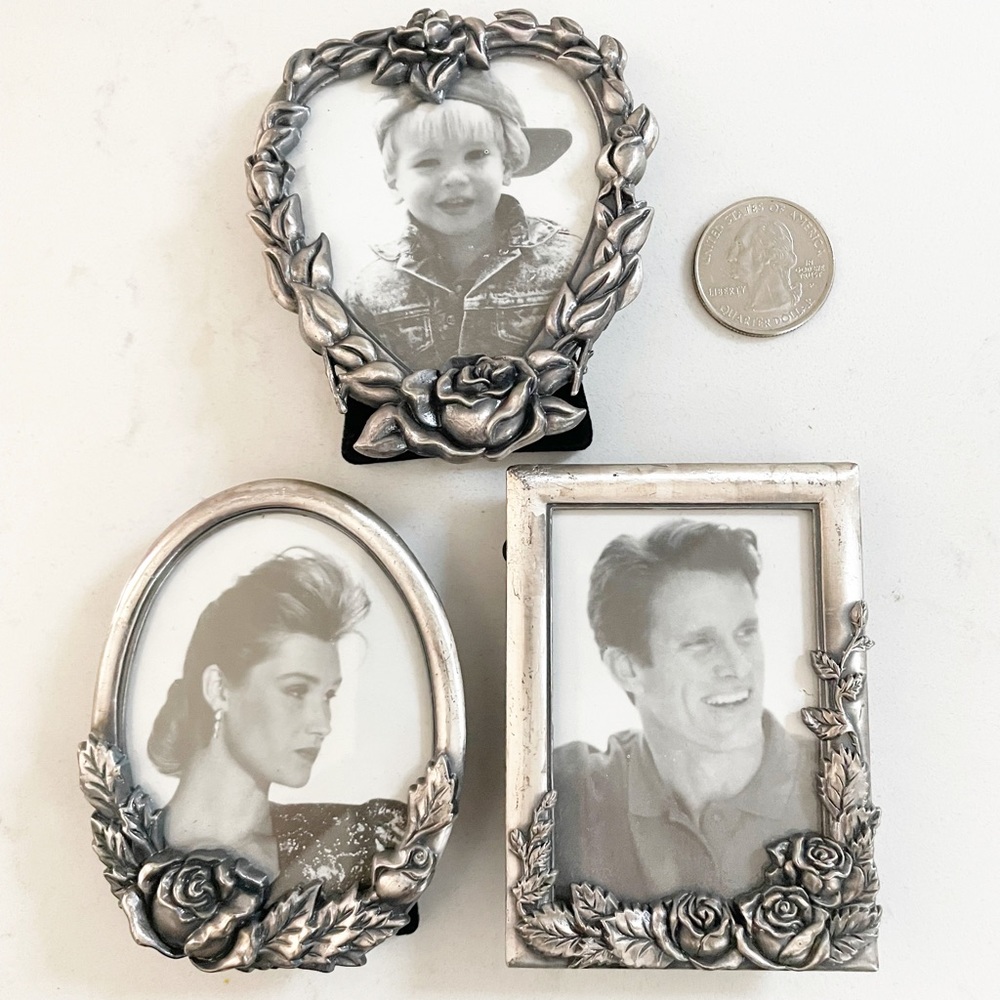 Set of three small silver tone frames, easel back frames. Romantic roses motif.
